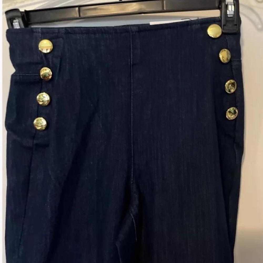 EUC INC DESIGN Gold Button Dark Blue Jeans Pull-On Flare Wide Leg ๐TRENDY! - Picture 1 of 16